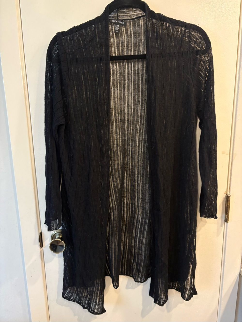 Eileen Fisher Black Mesh Open Front Cardigan Sweater Linen Blend Sz L